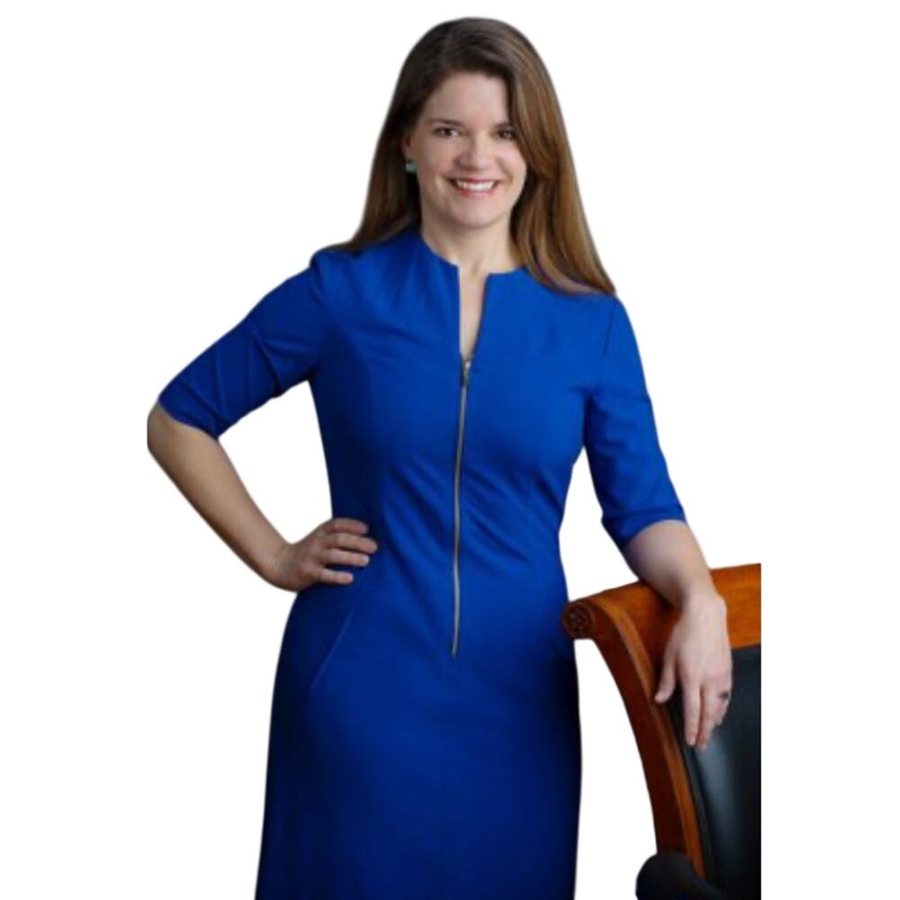 Tahari Women's Cobalt Blue Front Zip Short Sleeve Sheath Knee Length Dress 10